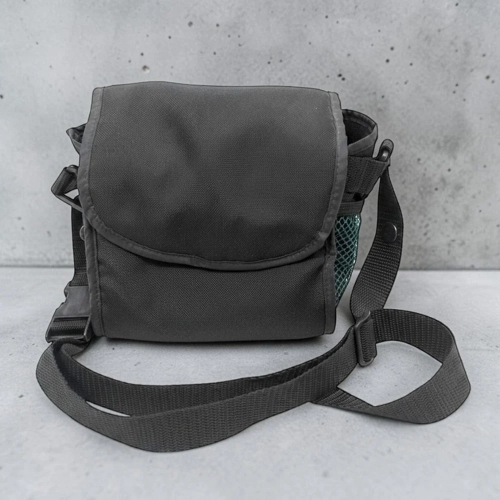 VTG Polaroid Camera Bag Small Unisex Black Nylon Green Mesh Shoulder Strap 90s